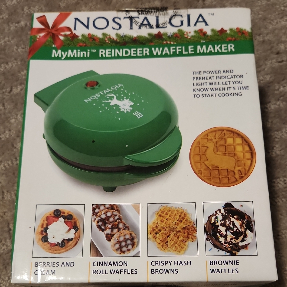 NWT- Nostalgia MyMini Festive Green Waffle Maker With Reindeer Imprints!